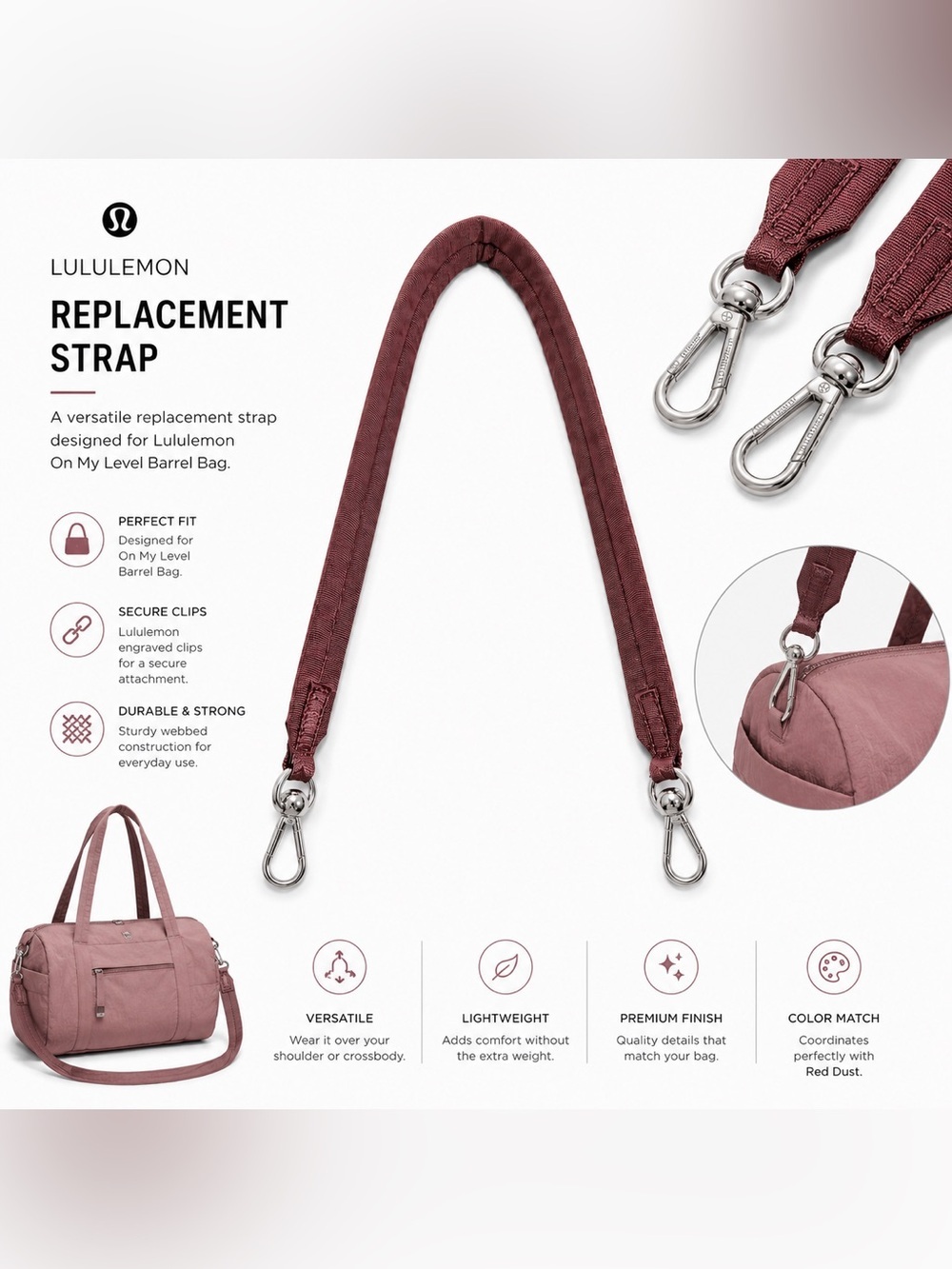 REPLACEMENT STRAP ONLY Lululemon On My Level Barrel Bag Red Dust Silver Hardware